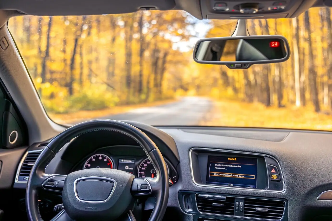 Blick aus dem Inneren des Autos auf das Lenkrad und den Innenraum